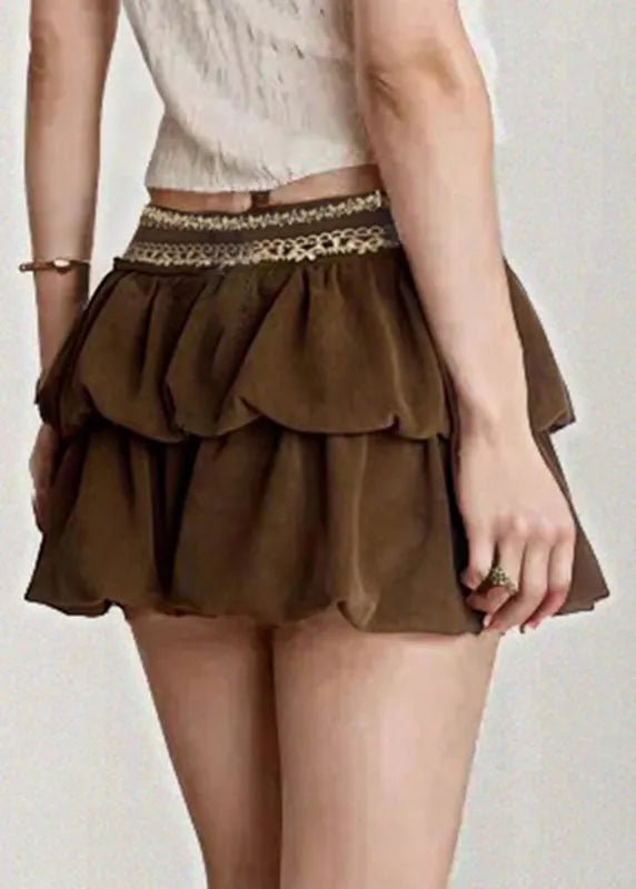 Brown Zippered Lace High Waist Corduroy Skirts Summer