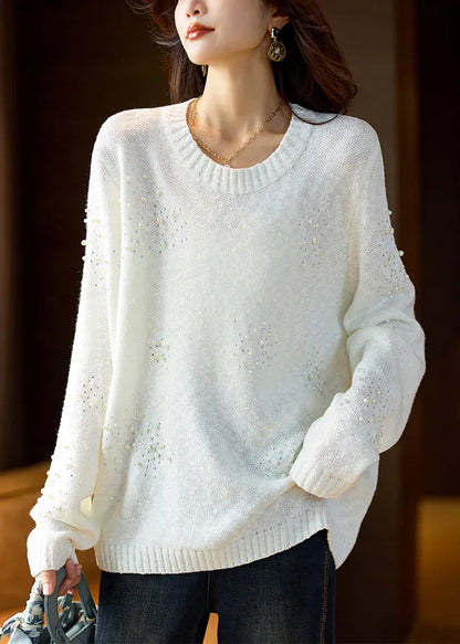White O Neck Pearl Zircon Knit Sweater Spring