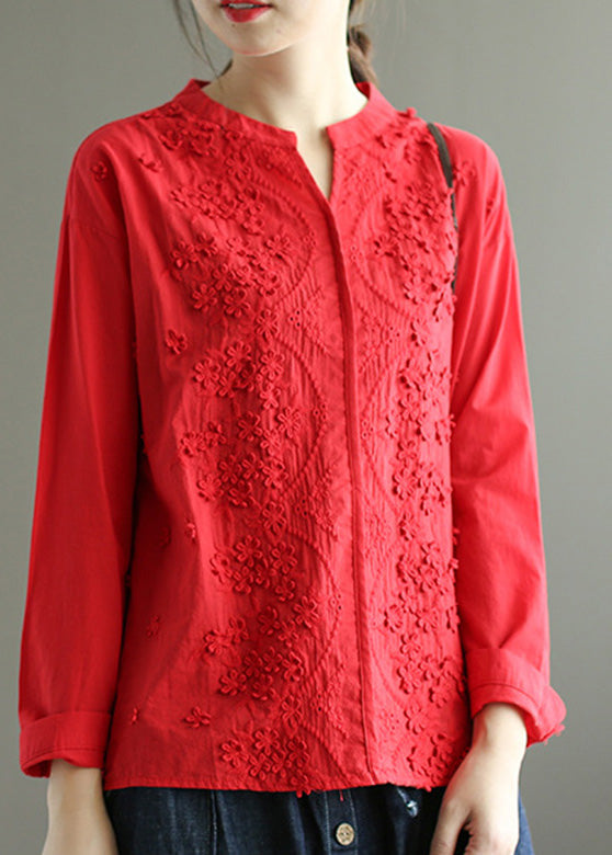 White V Neck Embroidered Cotton Top Spring
