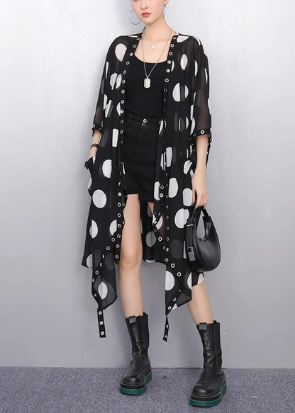 Italian Black Asymmetrical Print Chiffon Loose Cardigan Summer