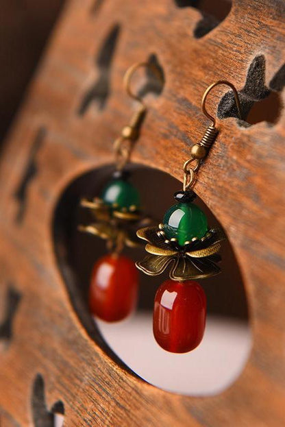 Retro Alloy Flower Red Agate Earrings