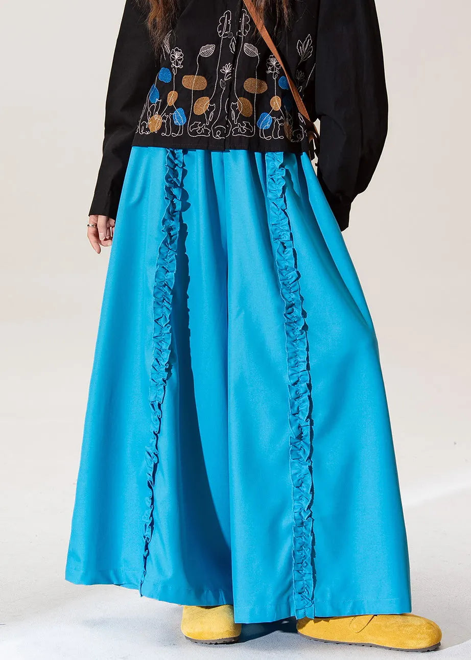 Blue Ruffled Elastic Waist Cotton Pants Fall