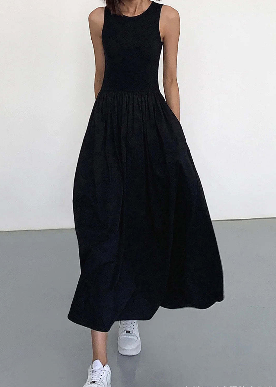 Original Black O Neck Pockets Patchwork Cotton Long Dress Sleeveless