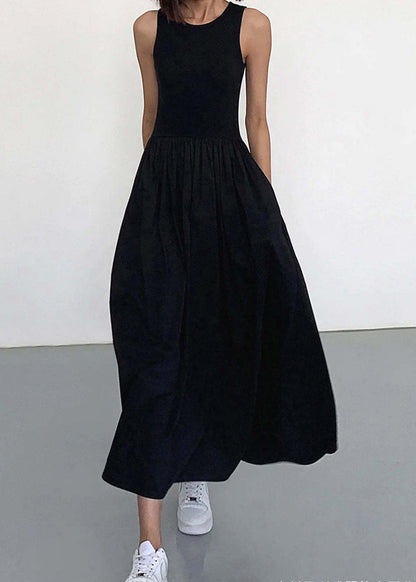 Original Black O Neck Pockets Patchwork Cotton Long Dress Sleeveless