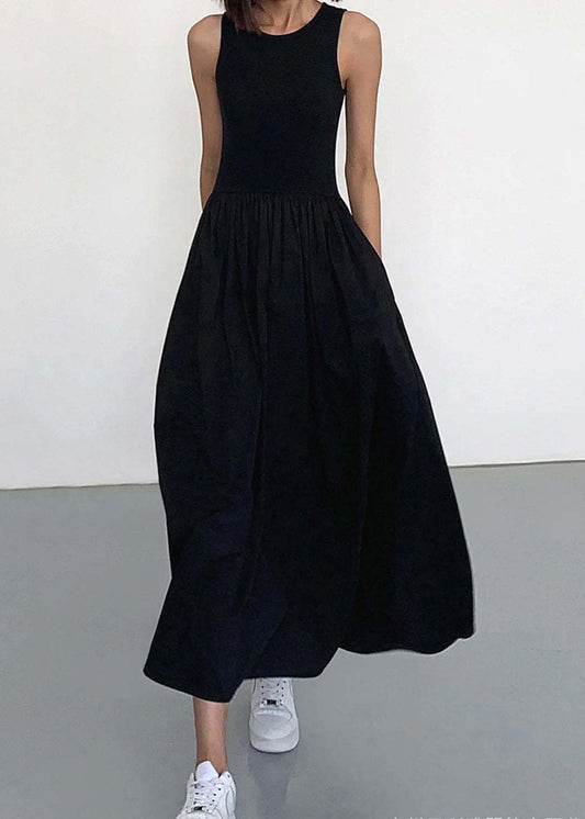 Original Black O Neck Pockets Patchwork Cotton Long Dress Sleeveless