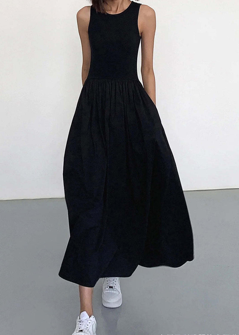 Original Black O Neck Pockets Patchwork Cotton Long Dress Sleeveless