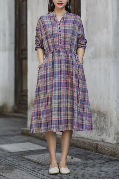 -new Cotton Linen Plaid Dress Long Skirt
