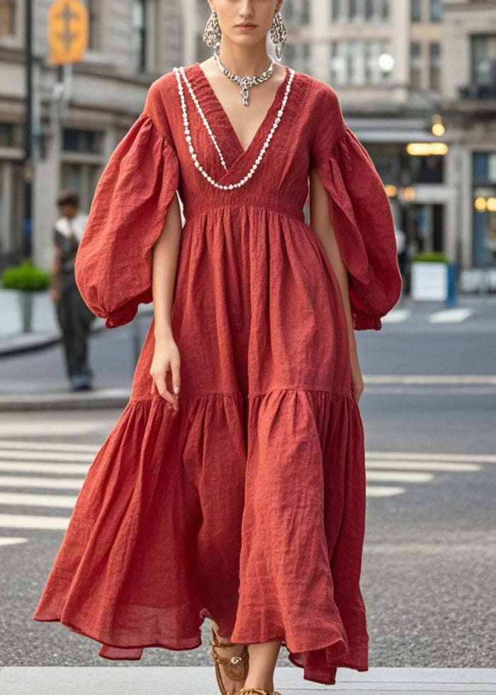 Red Nail Bead Exra Large Hem Cotton Dress Fall