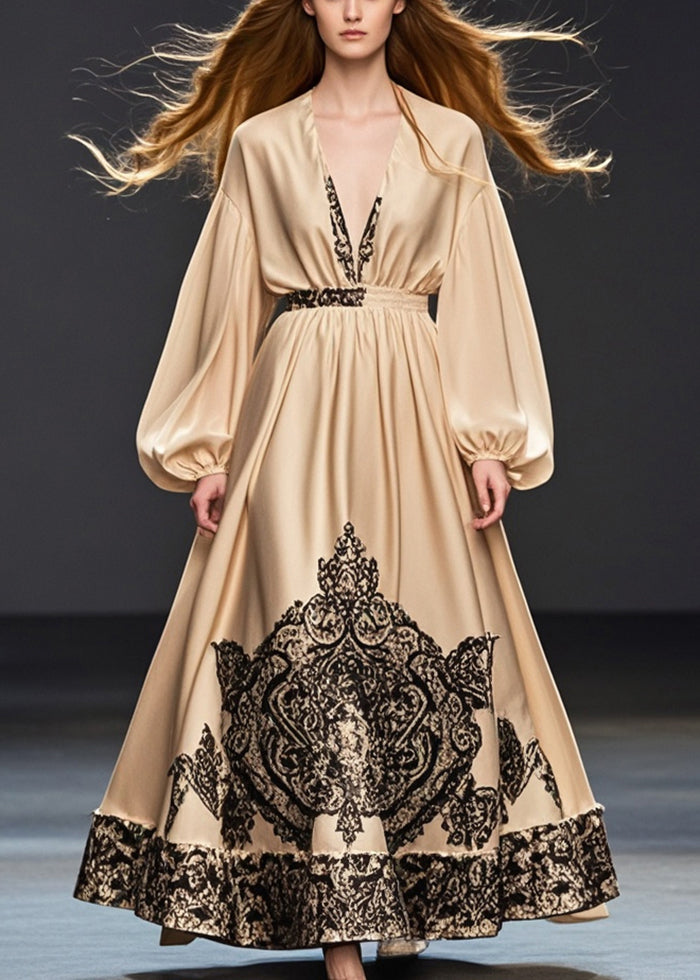 Khaki Deep-v Neck Print Silk Party Dress Fall