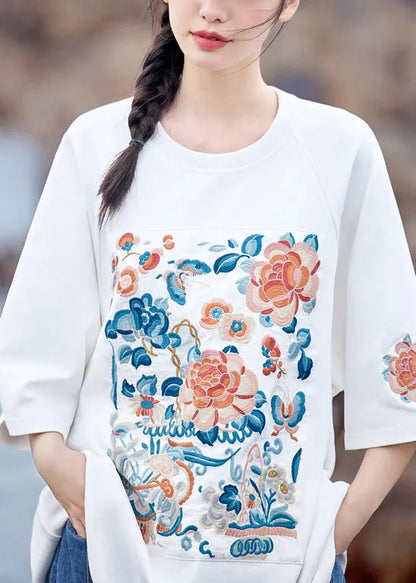 White O-neck Embroidered Cotton T Shirt Summer
