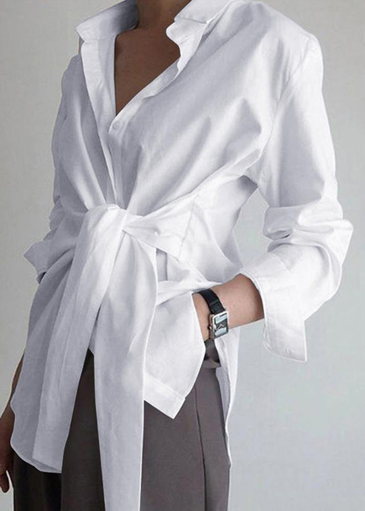 White Peter Pan Collar Lace Up Cotton Shirts Spring
