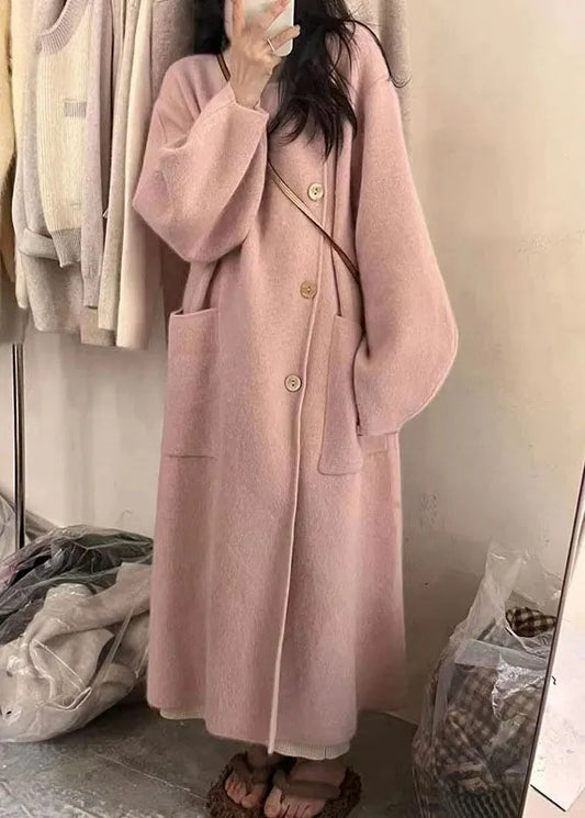 Pink Turtleneck Button Pockets Cotton Knit Long Coats Long Sleeve