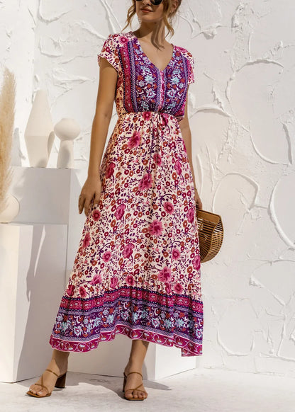 Blue V Neck Print Drawstring Cotton Long Dress Summer