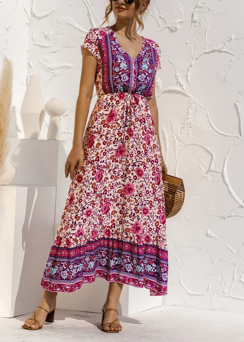 Blue V Neck Print Drawstring Cotton Long Dress Summer