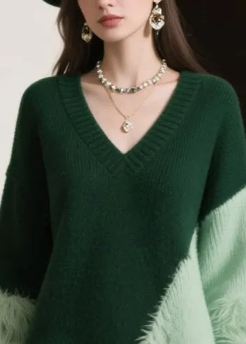 Diy Blackish Green Asymmetrical Patchwork Faux Fur Knitted Dress Winter