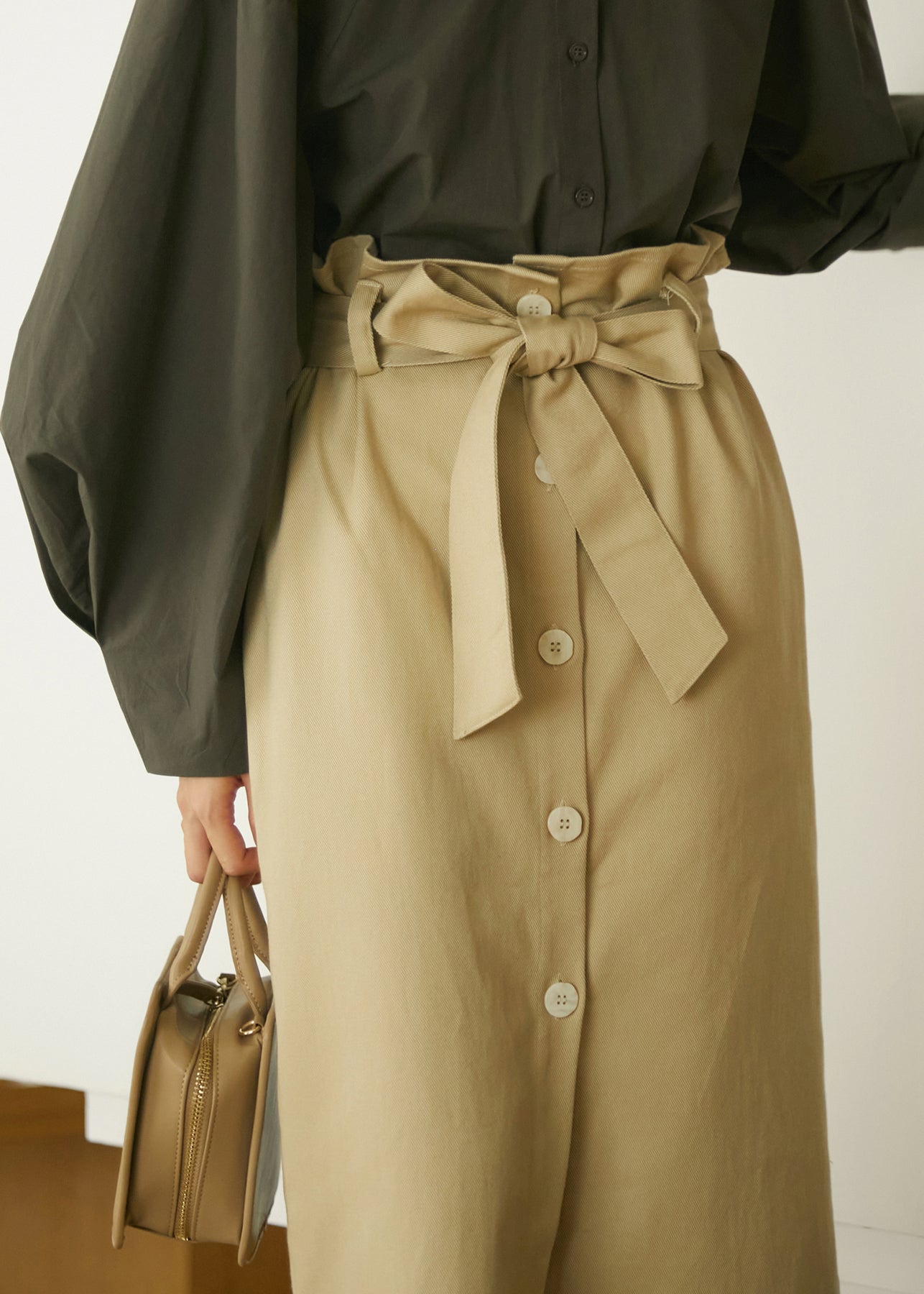 Italian Khaki Pockets Lace Up Button Cotton Skirts Summer