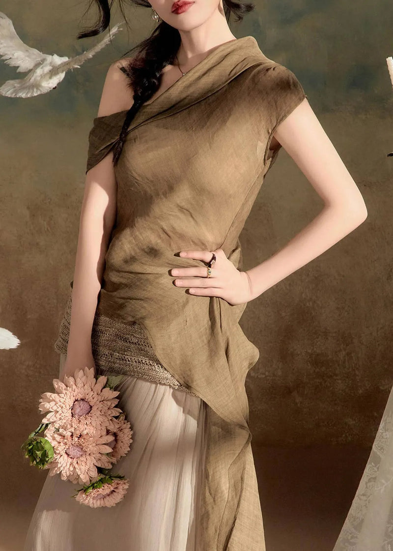 Italian Coffee Asymmetrical Cold Shoulder Shirt Summer