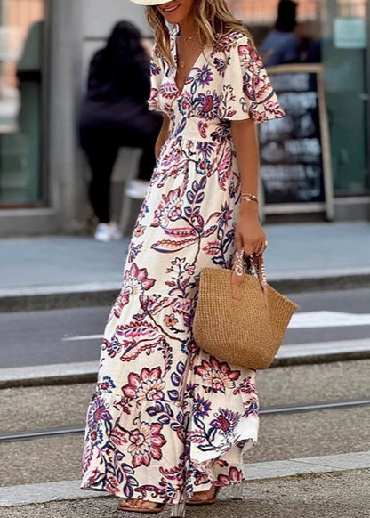 V Neck Print Cotton Long Dresses Butterfly Sleeve