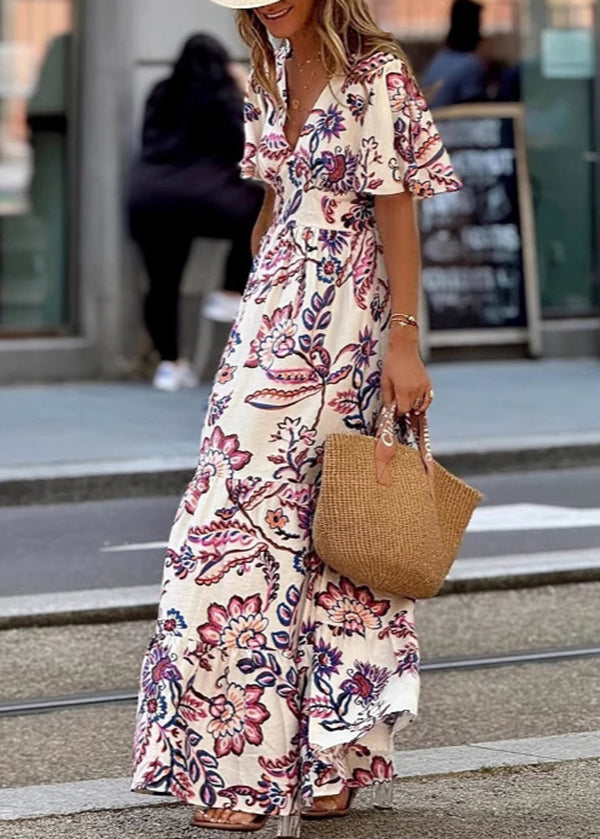 V Neck Print Cotton Long Dresses Butterfly Sleeve