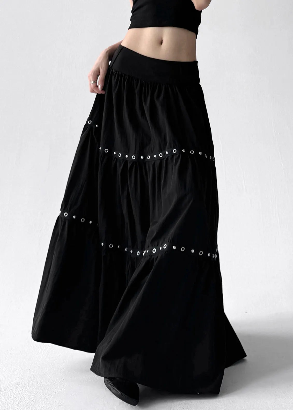 Black Wrinkled Patchwork Elastic Waist Cotton a Line Skirts Summer