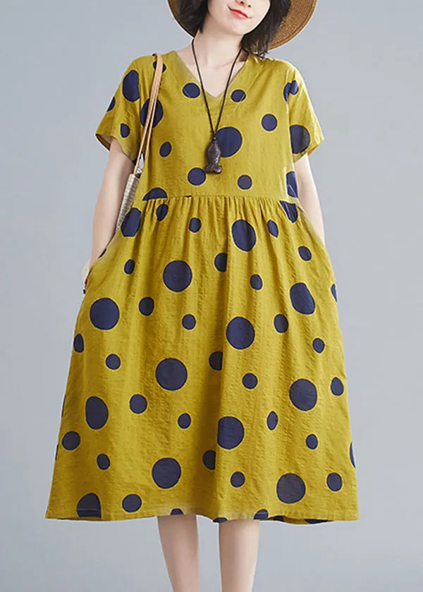 Yellow Wrinkled V Neck Pockets Dot Print Cotton Dresses Short Sleeve