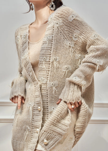 Unique Knit Cardigan Oatmeal Feather Zircon Cotton V Neck Spring