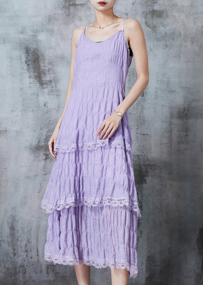 Lavender Wrinkled Patchwork Lace Cotton Sundress Summer