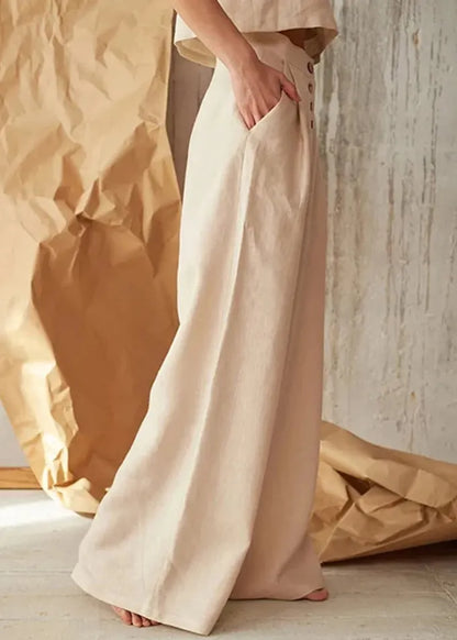 New Apricot Pockets Button Linen Straight Pants Spring