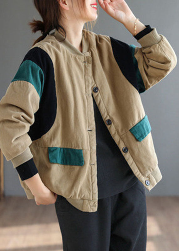 Khaki Pockets Button Patchwork Loose Winter Thick Jacket