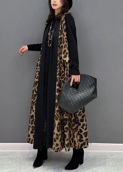 Black Leopard Print Patchwork Chiffon Long Cardigan Sleeveless