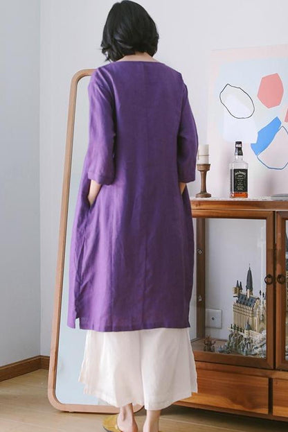 Linen Purple Summer Dresses Loose Clothes