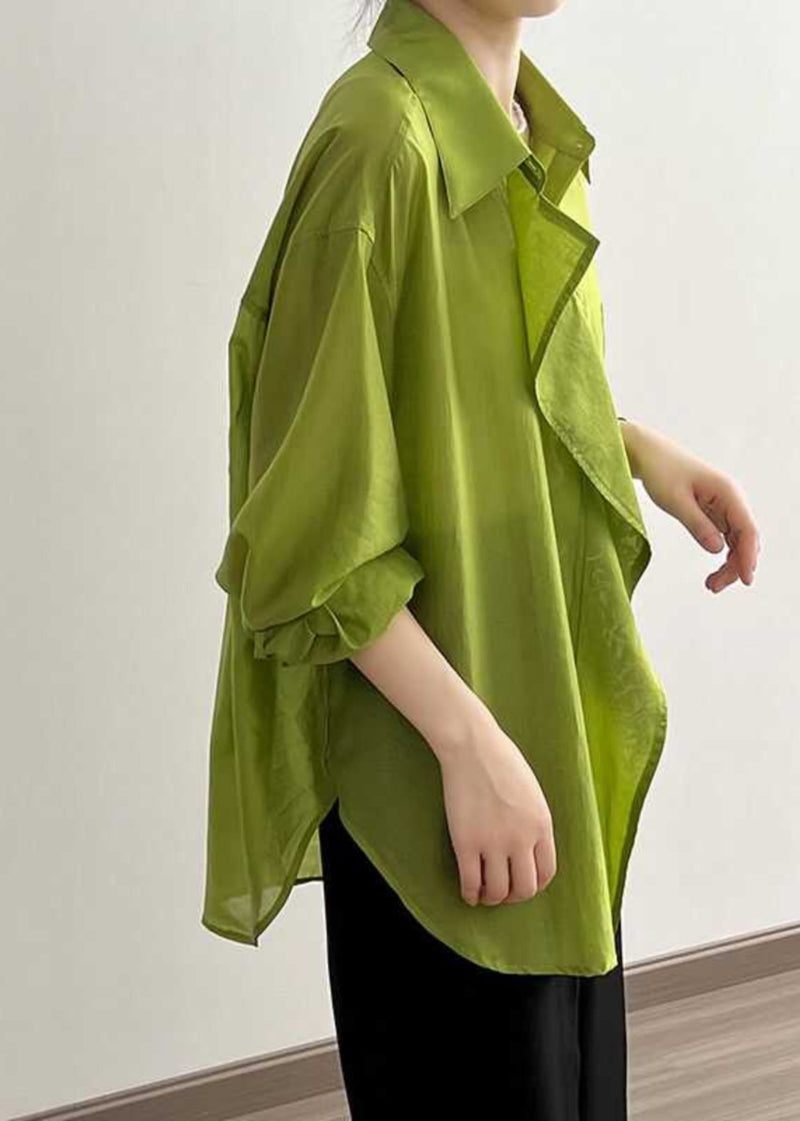 Modern Green Peter Pan Collar Patchwork Button Shirts Fall