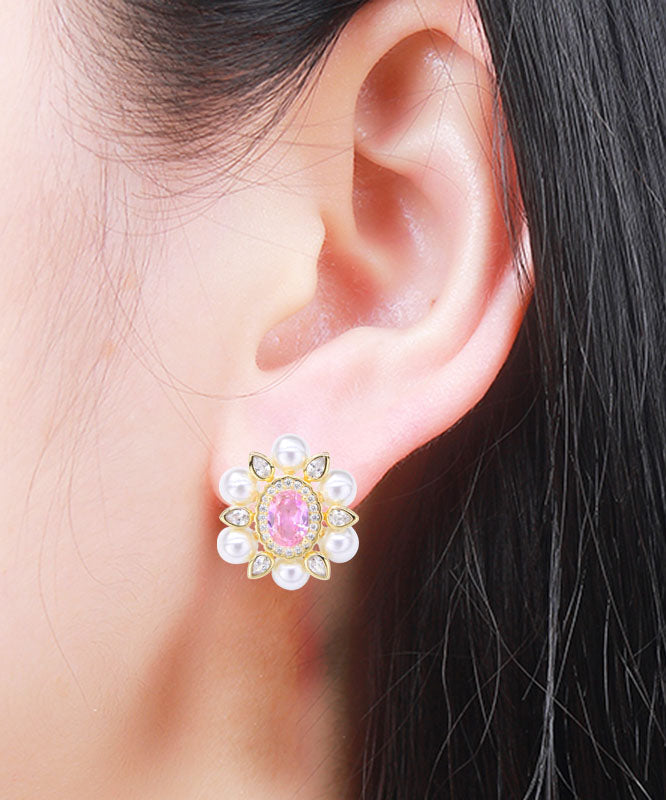 Pink Sterling Silver Crystal Pearl Zircon Stud Earrings
