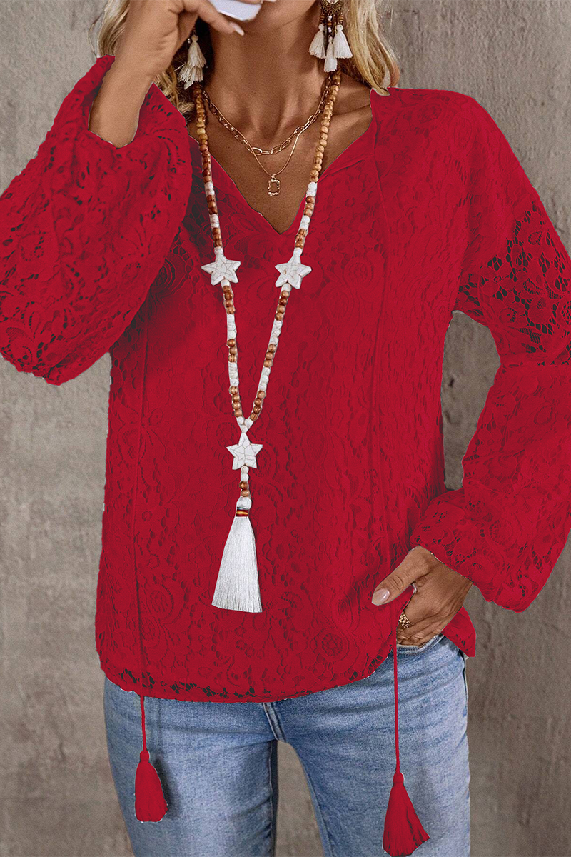 Color Lace Fringed Trim Hollow Out V Neck Tops(4 Colors)