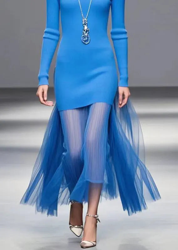 Blue V Neck Patchwork Tulle Knitted Dress Fall