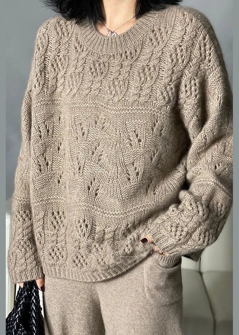 Khaki O-neck Oversized Thick Hollow Out Knitted Tops Winter