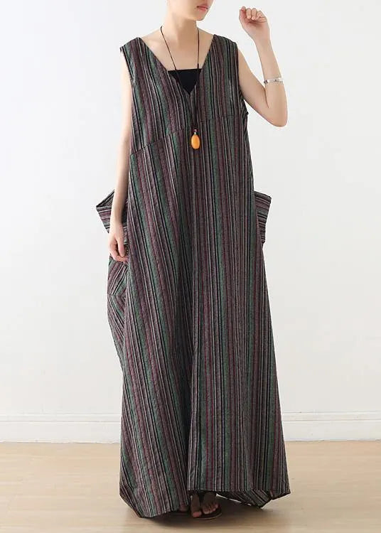 Handmade V Neck Cotton Clothes Linen Striped Maxi Dresses Summer