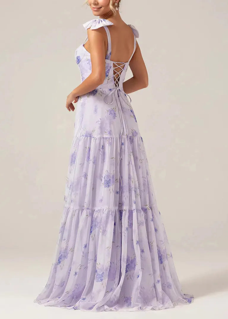 Purple Print Lace Up Chiffon Long Dress Summer