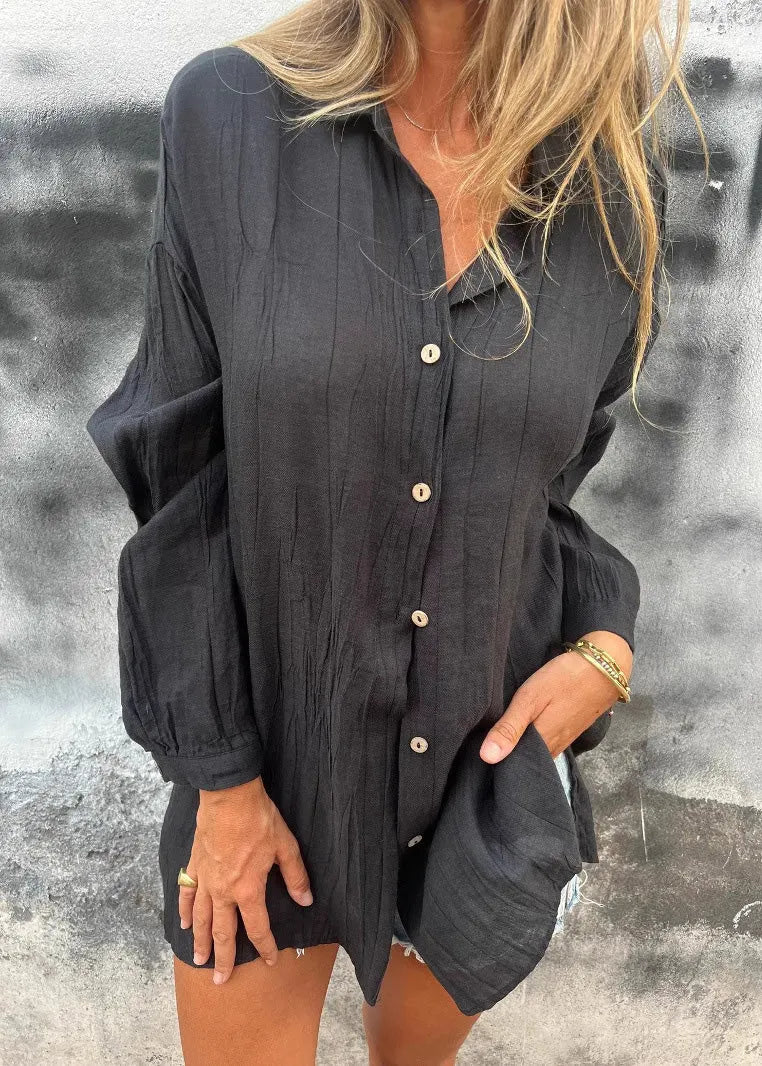 Blue Peter Pan Collar Button Cotton Shirts Long Sleeve