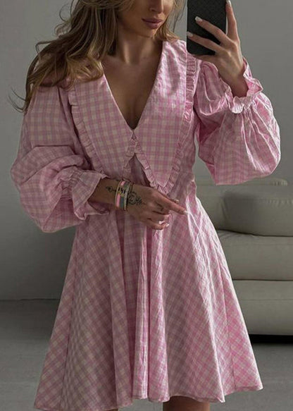 French Blue Plaid Ruffled Cotton Day Dress Flare Sleeve