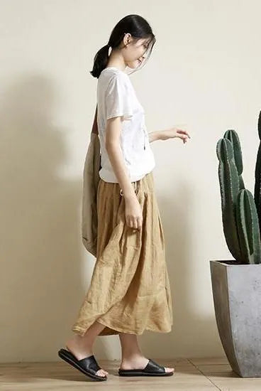 Khaki Linen Wide-leg Pants Summer Loose Trousers