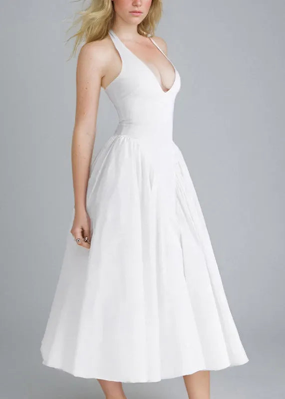 New White V Neck Pockets Cotton Dress Sleeveless