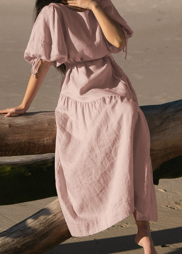 French Pink Lace Up Linen Dresses Lantern Sleeve