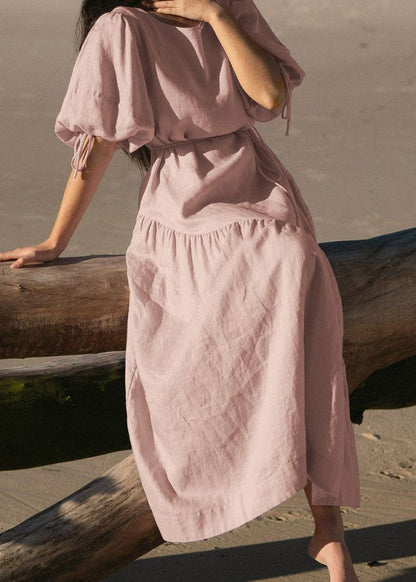 French Pink Lace Up Linen Dresses Lantern Sleeve