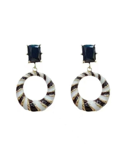 French Black White Stripe Copper Alloy Zircon Drop Earrings