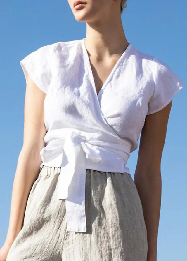 Modern Pink V Neck Lace Up Linen T Shirt Top Summer