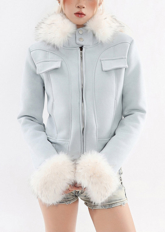 Boutique Blue Hooded Patchwork Faux Fur Warm Fleece Jacket Winter