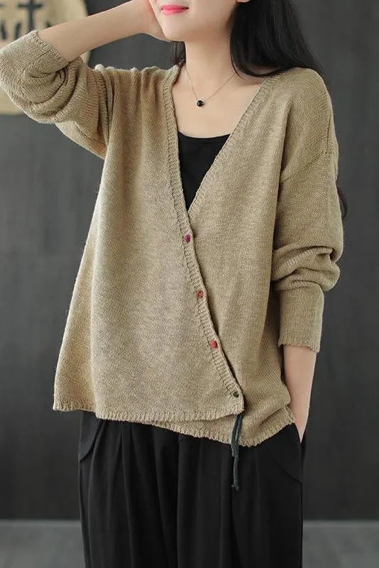 Knitted Retro Pure Color V-neck Sweater Coat