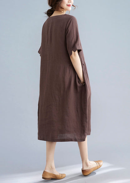Chocolate Original Design Pocket Linen Holiday Dress Short Sleeve