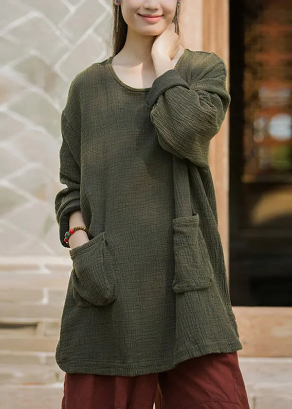 Green O Neck Pockets Cotton T Shirt Top Spring